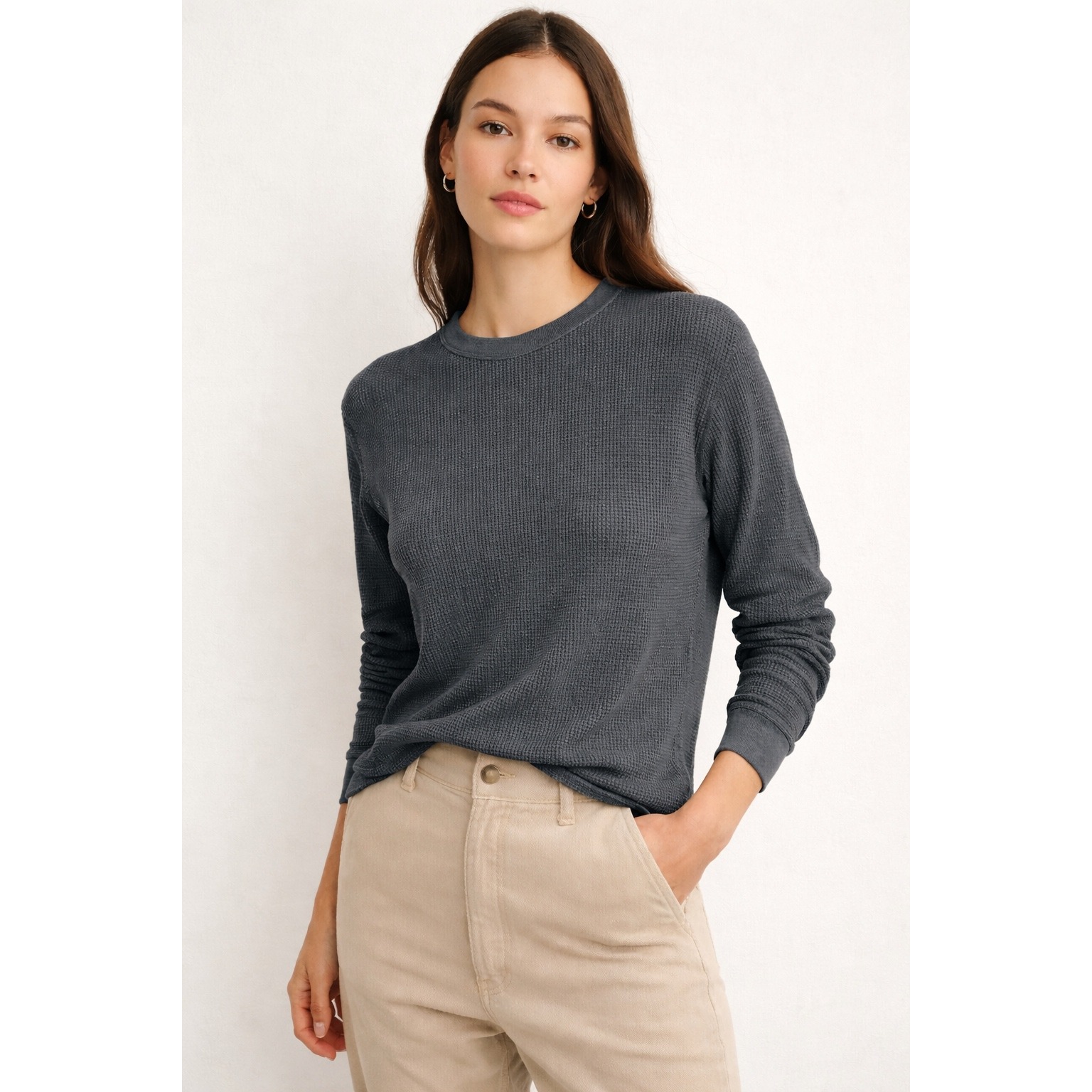 Tna Waffle By Aritzia Long Sleeve Crew Neck Top In Faded Gray | Size Xl Nwot